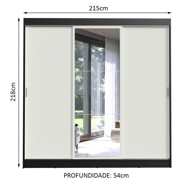 Encontraproduto.com.br - Guarda-Roupa Casal Madesa Istambul 3 Portas de Correr com Espelho 3 Gavetas Preto/Branco