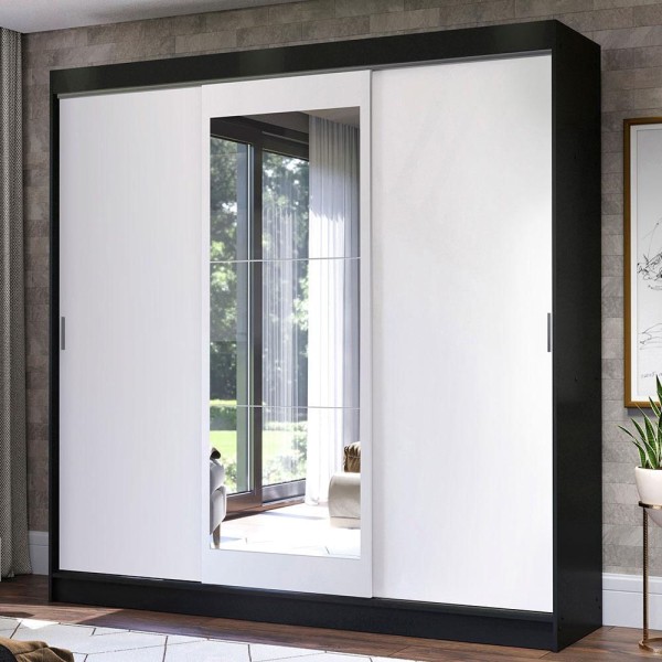 Encontraproduto.com.br - Guarda-Roupa Casal Madesa Istambul 3 Portas de Correr com Espelho 3 Gavetas Preto/Branco