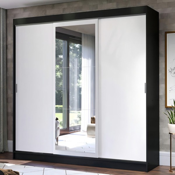 Encontraproduto.com.br - Guarda-Roupa Casal Madesa Istambul 3 Portas de Correr com Espelho 3 Gavetas Preto/Branco