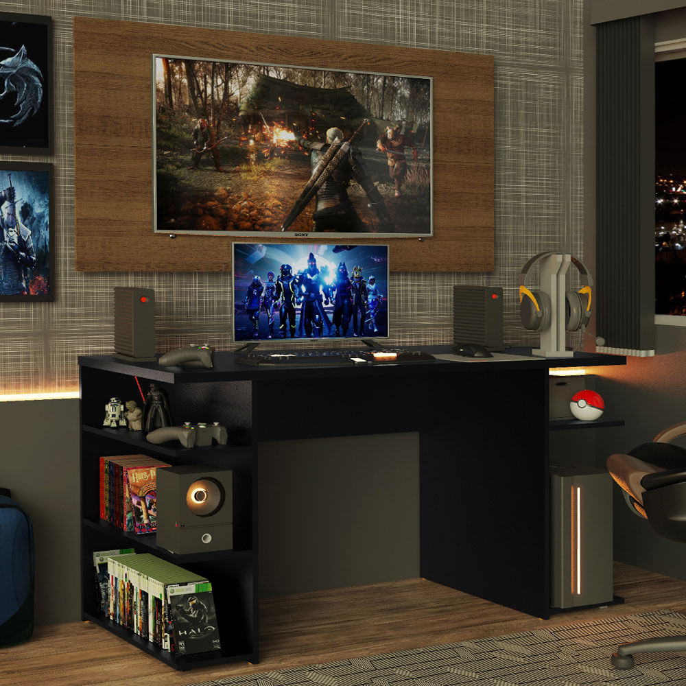 Encontraproduto.com.br - Mesa para Computador Gamer Madesa 9409 e Painel para TV até 50 Polegadas - Preto/Rustic