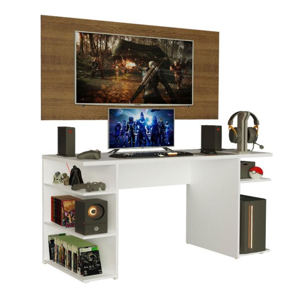 Encontraproduto.com.br - Mesa para Computador Gamer Madesa 9409 e Painel para TV até 50 Polegadas Branco/Rustic