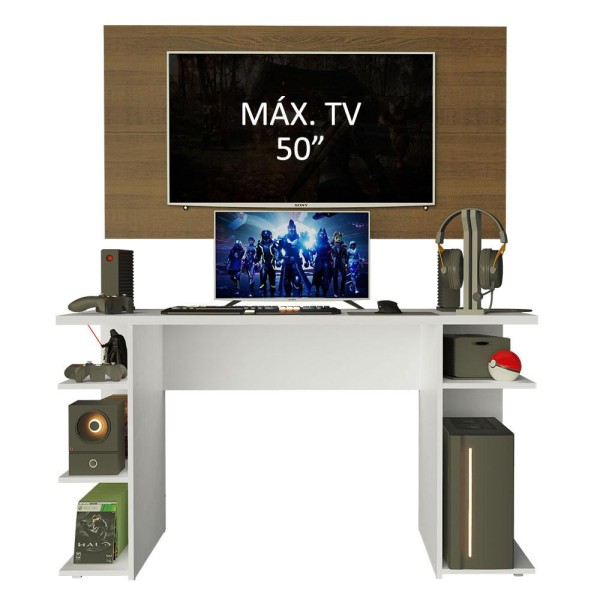 Encontraproduto.com.br - Mesa para Computador Gamer Madesa 9409 e Painel para TV até 50 Polegadas Branco/Rustic