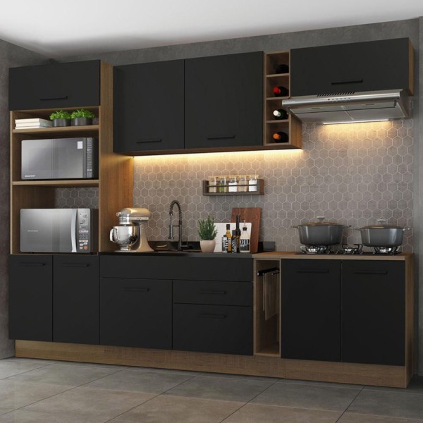 Encontraproduto.com.br - Cozinha Completa Madesa Agata 290001 com Armário e Balcão (Sem Tampo e Pia) Rustic/Preto