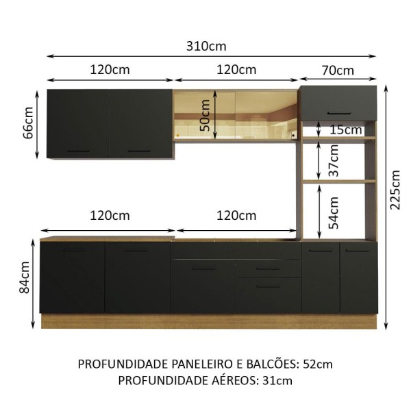 Encontraproduto.com.br - Armário de Cozinha Completa 310cm Rustic/Preto Agata Madesa 01