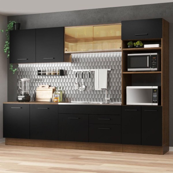Encontraproduto.com.br - Armário de Cozinha Completa 310cm Rustic/Preto Agata Madesa 01
