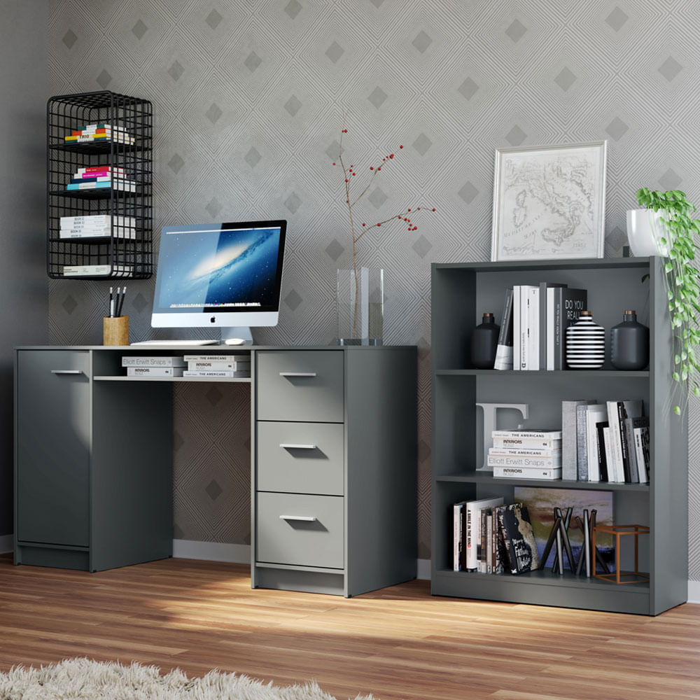 Escrivaninha Madesa Alaska + Estante Livreiro 6907 Cinza