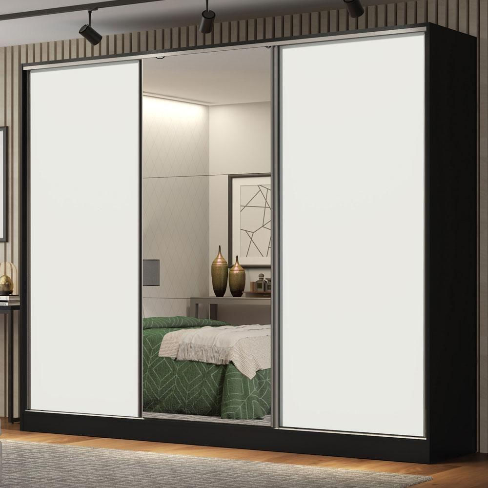 Encontraproduto.com.br - Guarda-Roupa Casal 100% MDF Madesa Royale 3 Portas de Correr com Espelho Preto/Branco