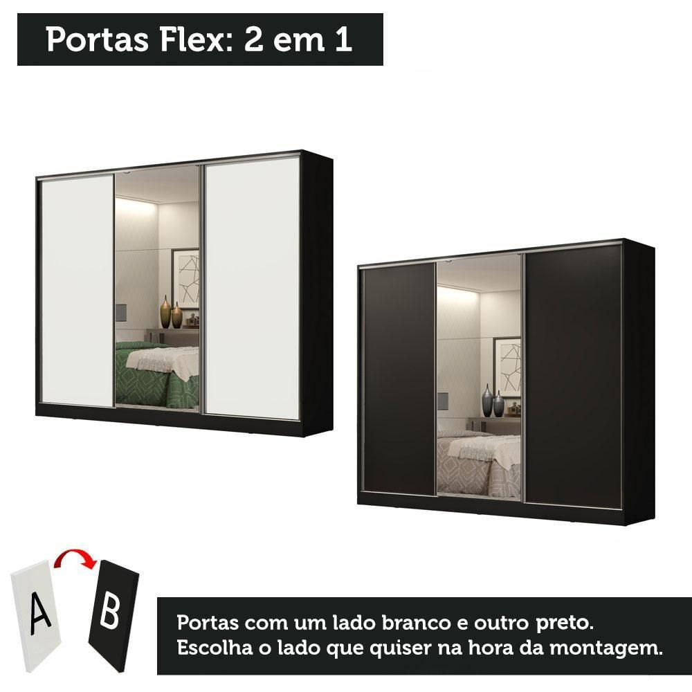 Encontraproduto.com.br - Guarda-Roupa Casal 100% MDF Madesa Royale 3 Portas de Correr com Espelho Preto/Branco