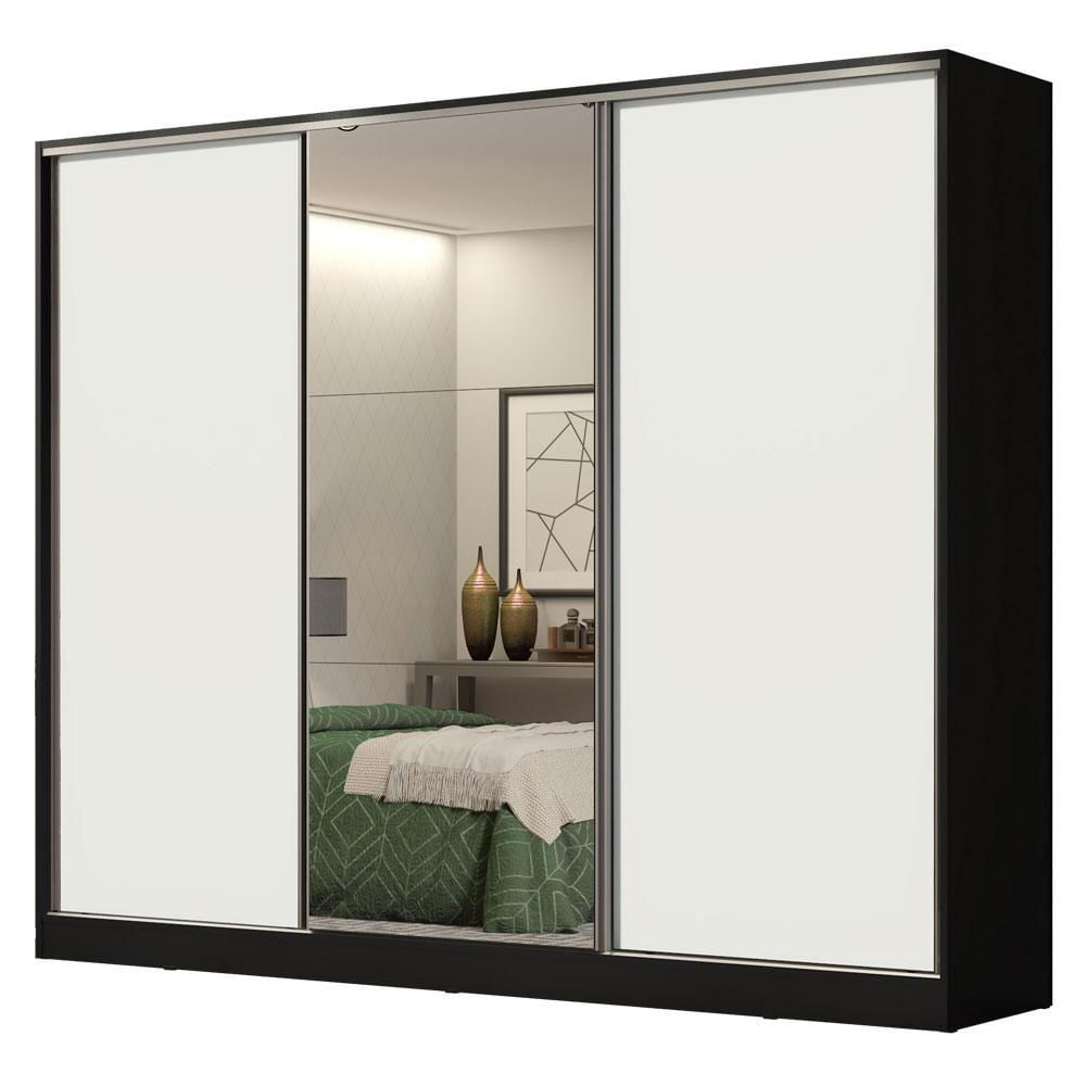 Encontraproduto.com.br - Guarda-Roupa Casal 100% MDF Madesa Royale 3 Portas de Correr com Espelho Preto/Branco