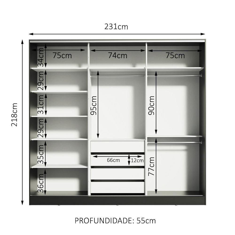 Encontraproduto.com.br - Guarda-Roupa Casal 100% MDF Madesa Royale 3 Portas de Correr com Espelho Preto/Rustic