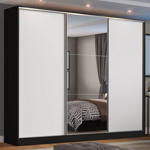 Guarda-Roupa Casal 100% MDF Madesa Zurique 3 Portas de Correr com Espelho Preto/Branco