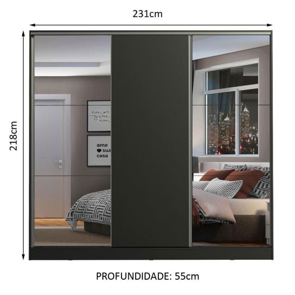 Encontraproduto.com.br - Guarda Roupa 100% Mdf Madesa Zurique 3 Portas Com Espelhos Cor Preto Xc10638n2e