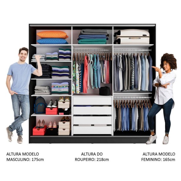 Encontraproduto.com.br - Guarda Roupa 100% Mdf Madesa Zurique 3 Portas Com Espelhos Cor Preto Xc10638n2e