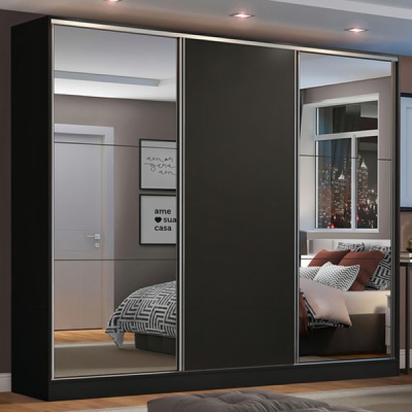 Encontraproduto.com.br - Guarda Roupa 100% Mdf Madesa Zurique 3 Portas Com Espelhos Cor Preto Xc10638n2e