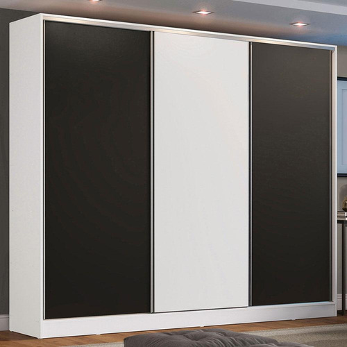 Guarda-Roupa Casal 100% MDF Madesa Zurique 3 Portas de Correr Branco/Preto/Branco