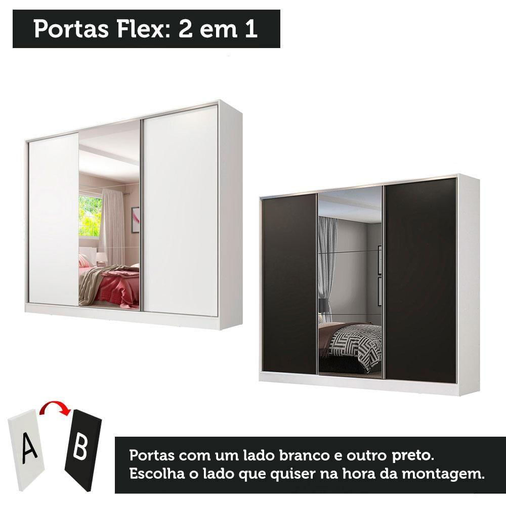 Encontraproduto.com.br - Guarda-Roupa Casal 100% MDF Madesa Zurique 3 Portas de Correr com Espelho Branco/Preto