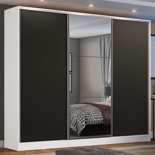 Guarda-Roupa Casal 100% MDF Madesa Zurique 3 Portas de Correr com Espelho Branco/Preto