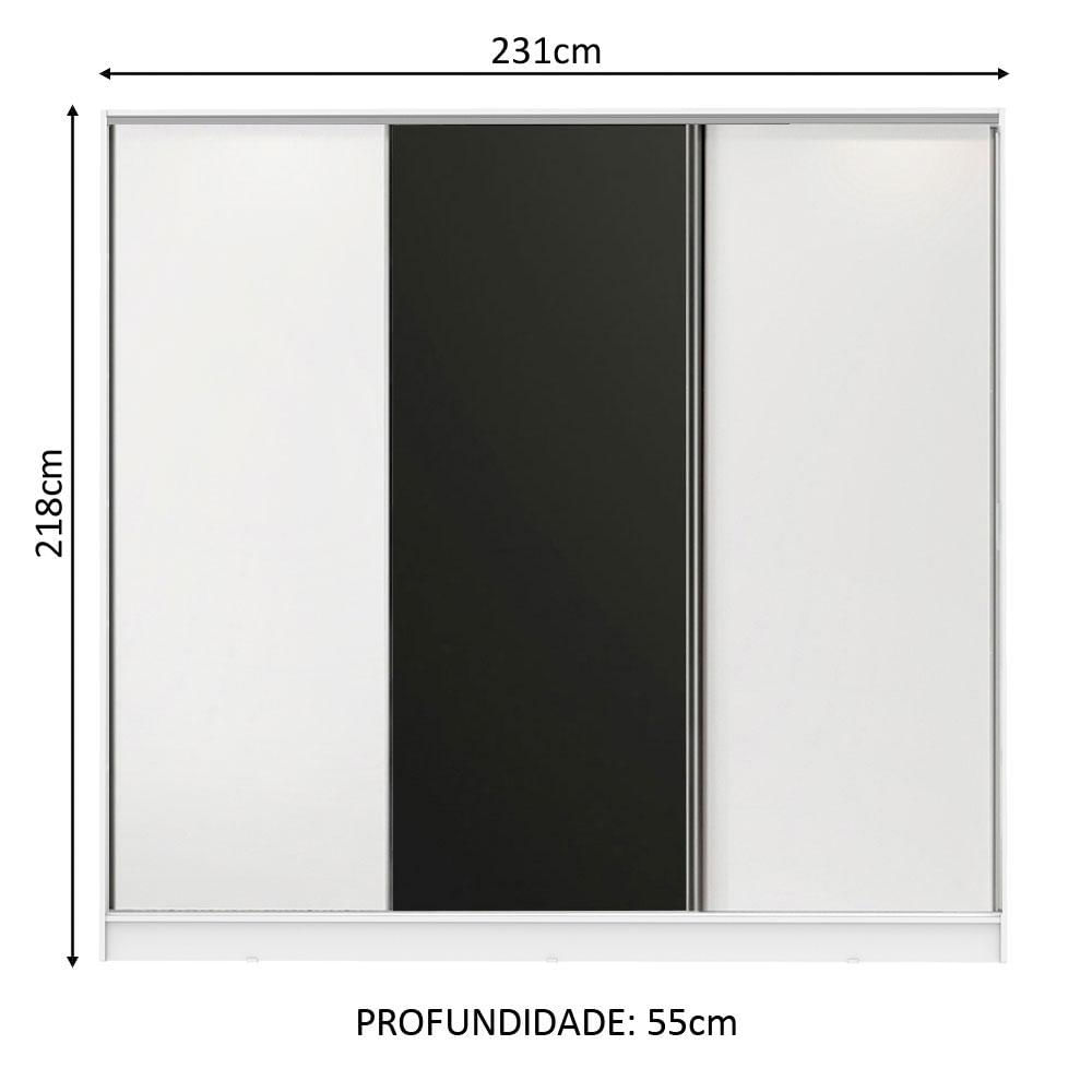 Encontraproduto.com.br - Guarda-Roupa Casal 100% MDF Madesa Zurique 3 Portas de Correr Branco/Branco/Preto