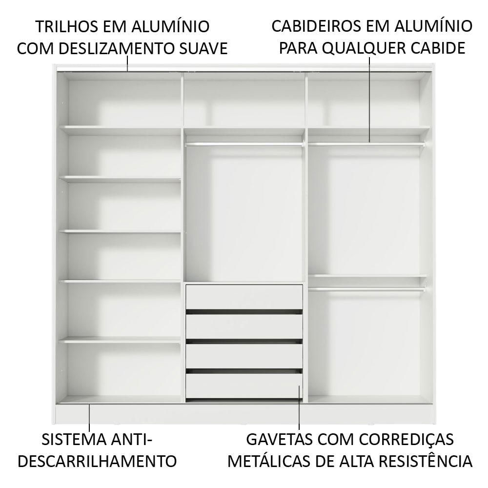Encontraproduto.com.br - Guarda-Roupa Casal 100% MDF Madesa Zurique 3 Portas de Correr Branco/Branco/Preto
