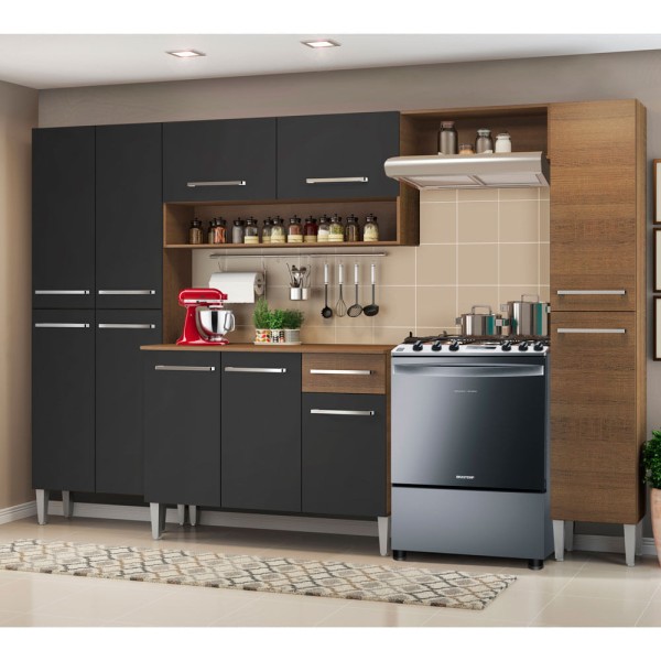 Armário de Cozinha Completa 261cm Rustic/Preto Emilly Hit Madesa XA