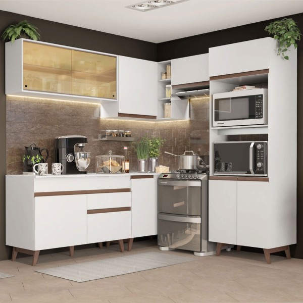Armário de Cozinha Completa de Canto 402cm Branco Reims Madesa XA02