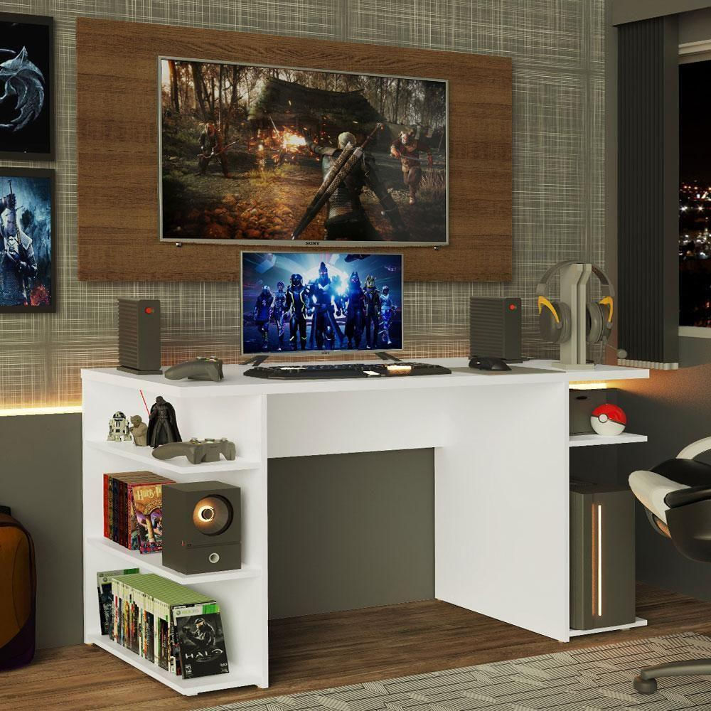 Encontraproduto.com.br - Mesa para Computador Gamer e Painel para TV até 50 Madesa - Branco/Rustic