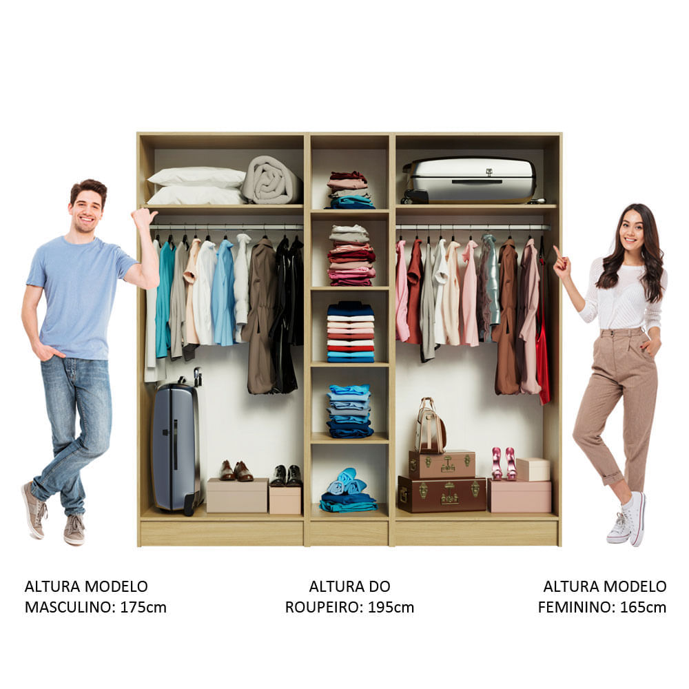 Encontraproduto.com.br - Guarda-Roupa Modulado Madesa Nilo 100% MDF 200004 com Espelhos 3 Peças Carvalho Cor:Carvalho