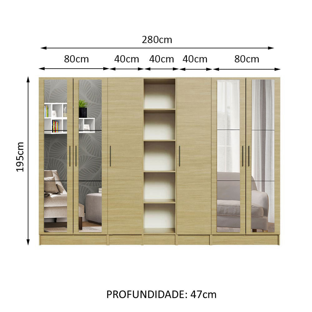 Encontraproduto.com.br - Guarda-Roupa Modulado Madesa Nilo 100% MDF 280003 com Espelhos 5 Peças Carvalho Cor:Carvalho