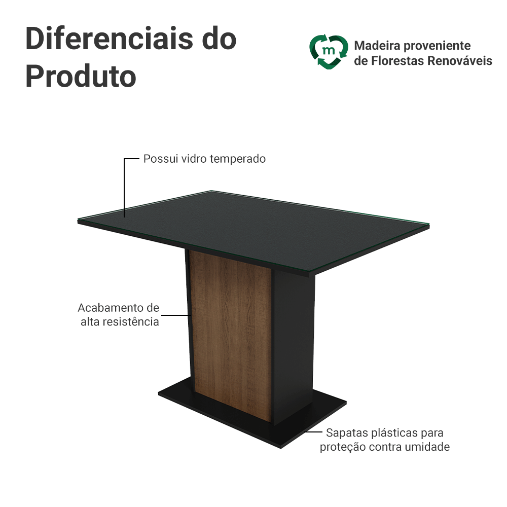 Encontraproduto.com.br - Mesa de Jantar Retangular com Tampo de Vidro Preto/Rustic 5329 Madesa