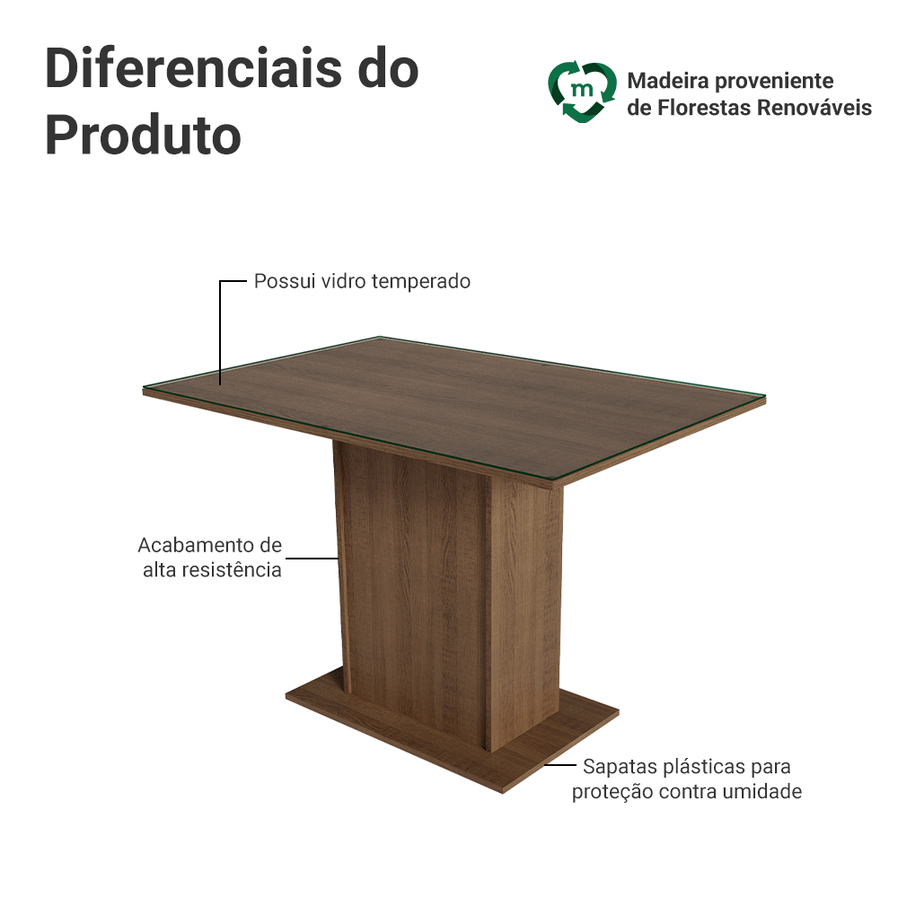 Encontraproduto.com.br - Mesa de Jantar Retangular com Tampo de Vidro Rustic 5329 Madesa