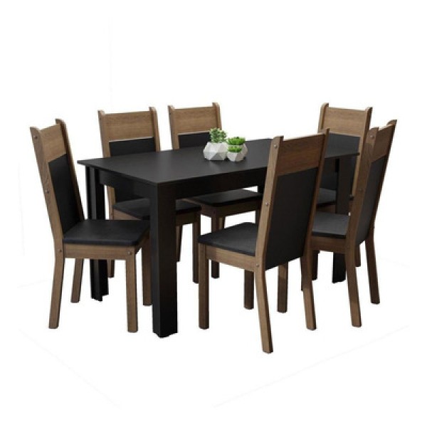 Encontraproduto.com.br - Conjunto Sala de Jantar Madesa Medelin Mesa Tampo de Madeira com 6 Cadeiras Preto/Rustic/Sintético Preto