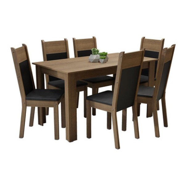 Encontraproduto.com.br - Conjunto Sala de Jantar Madesa Medelin Mesa Tampo de Madeira com 6 Cadeiras Rustic/Preto/Sintético Preto