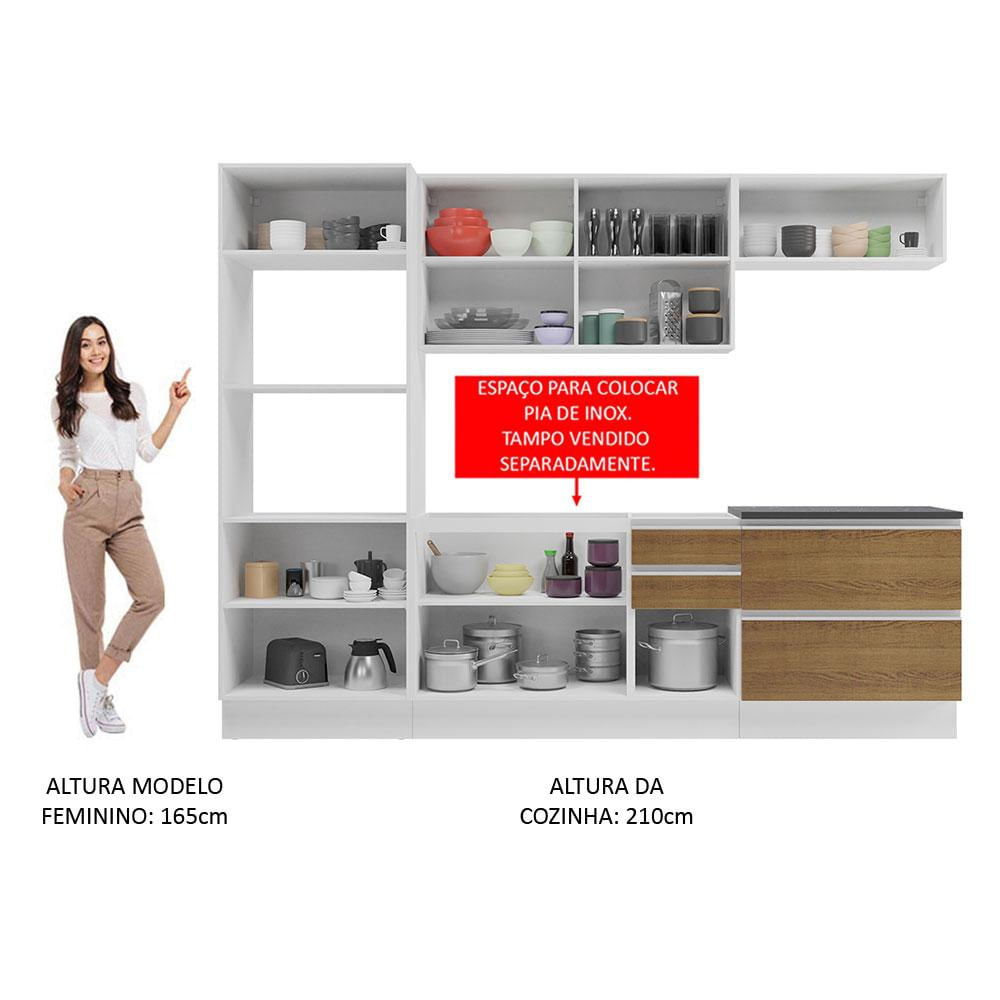 Armário de Cozinha Completa 100% MDF 270cm Branco/Rustic Acordes Madesa 06