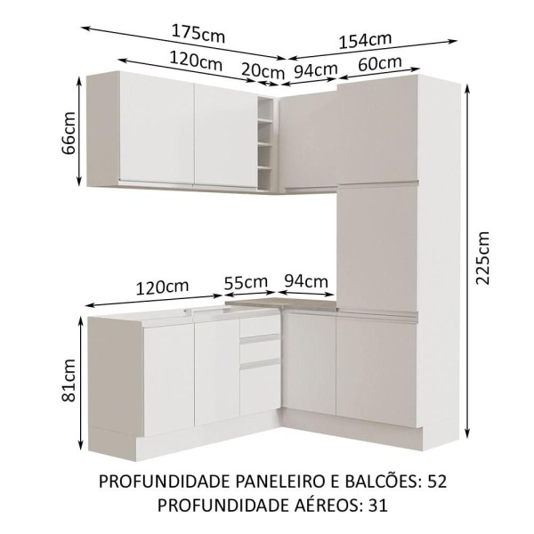 Encontraproduto.com.br - Cozinha Completa de Canto Madesa Glamy 329001 com Armário e Balcão (Sem Tampo e Pia) Branco