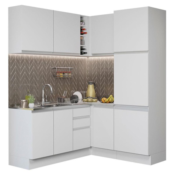 Encontraproduto.com.br - Cozinha Completa de Canto Madesa Glamy 329001 com Armário e Balcão (Sem Tampo e Pia) Branco