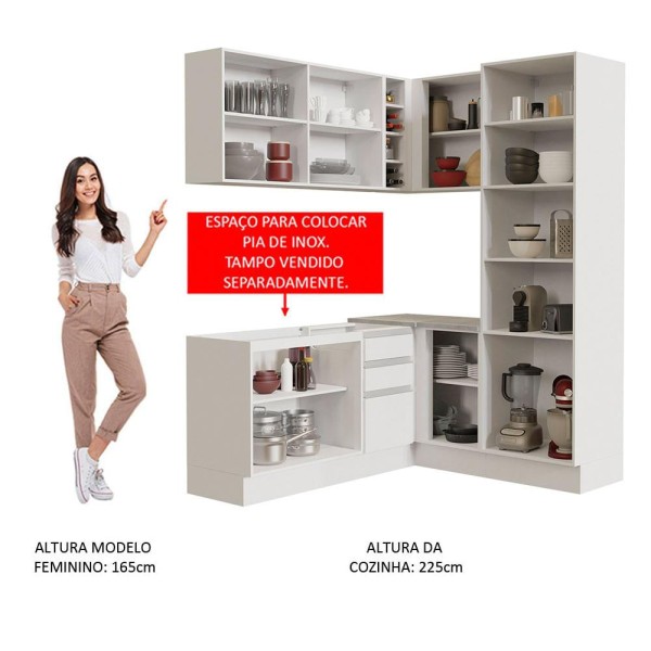 Encontraproduto.com.br - Cozinha Completa de Canto Madesa Glamy 329001 com Armário e Balcão (Sem Tampo e Pia) Branco