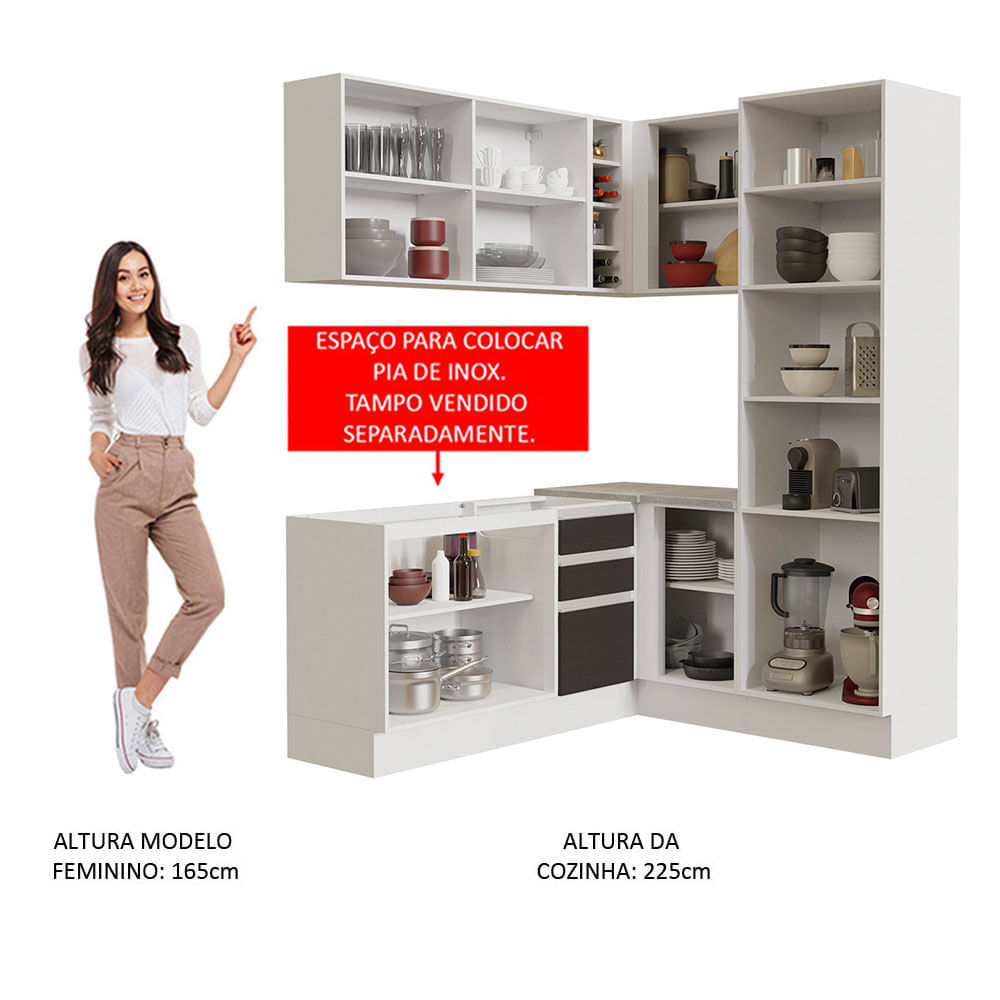 Encontraproduto.com.br - Cozinha Completa de Canto Madesa Glamy 329001 com Armário e Balcão (Sem Tampo e Pia) Branco/Preto