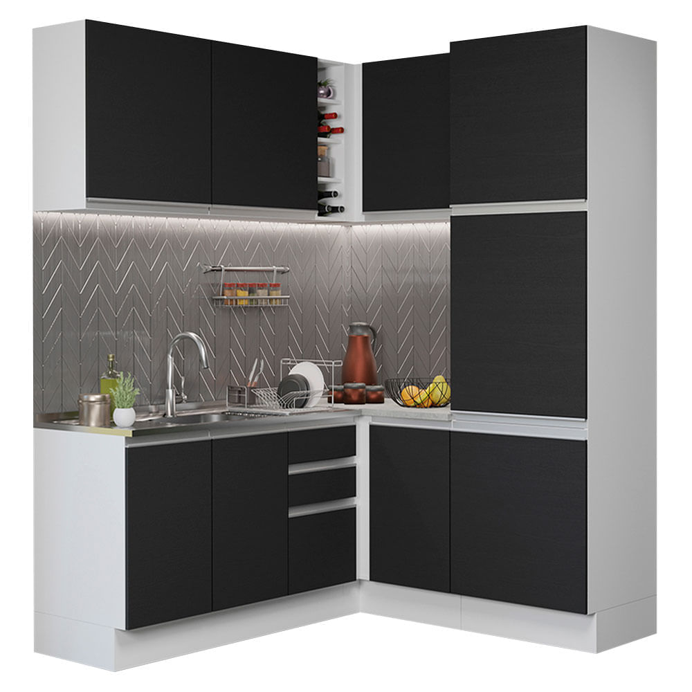 Encontraproduto.com.br - Cozinha Completa de Canto Madesa Glamy 329001 com Armário e Balcão (Sem Tampo e Pia) Branco/Preto