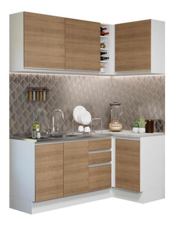 Armário de Cozinha Compacta de Canto 269cm Branco/Rustic Glamy Madesa 01