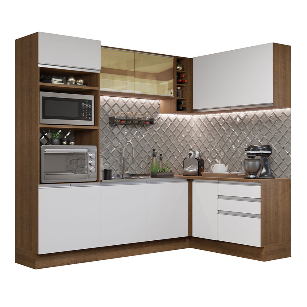 Encontraproduto.com.br - Cozinha Completa de Canto Madesa Glamy 399002 com Armário e Balcão (Sem Tampo e Pia) Rustic/Branco