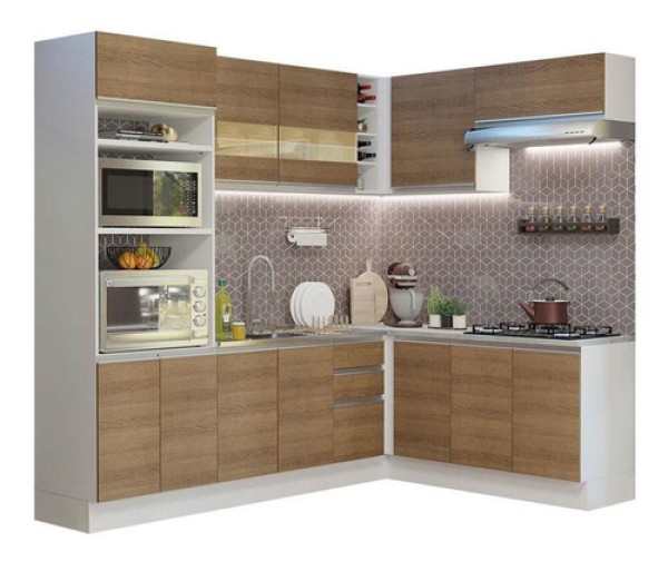 Encontraproduto.com.br - Cozinha Completa de Canto Madesa Glamy 419001 com Armário e Balcão (Sem Tampo e Pia) Branco/Rustic