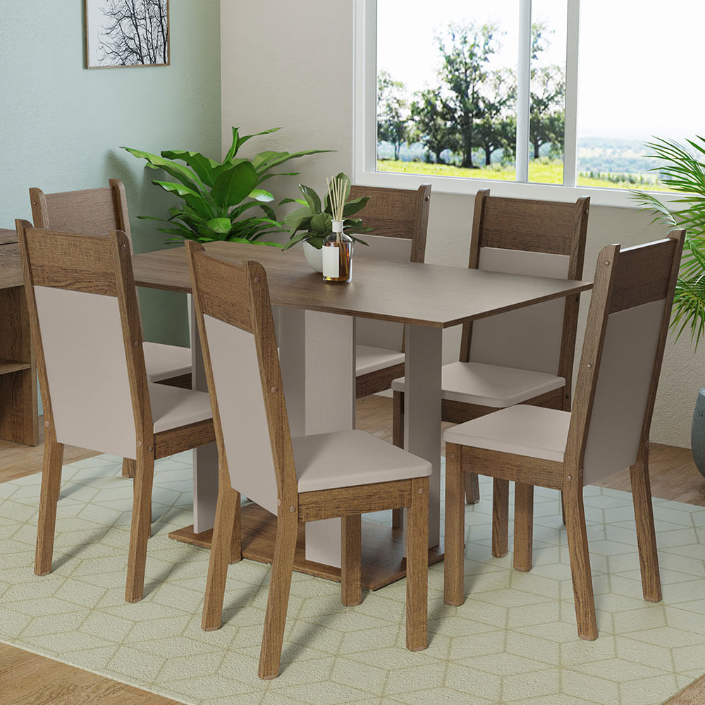Conjunto Sala de Jantar Mesa Tampo de Madeira 6 Cadeiras Crema/Rustic/Bege Beatriz Madesa XP