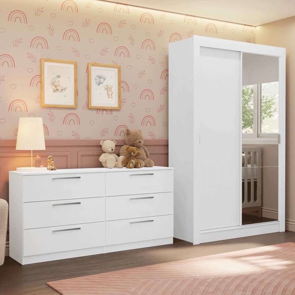 Encontraproduto.com.br - Conjunto Quarto Infantil com Guarda Roupa 2 Portas com Espelho e Cômoda Madesa​