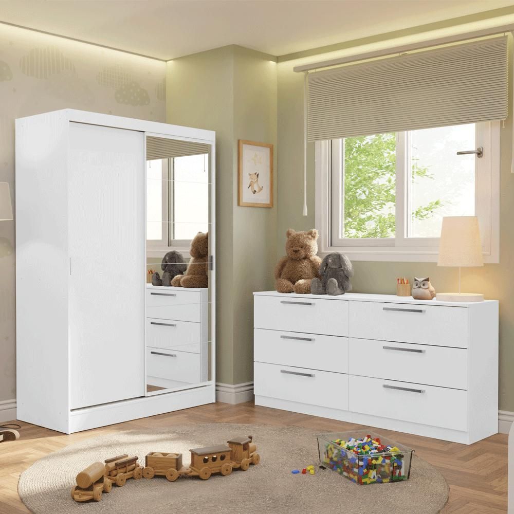 Quarto Infantil Completo Guarda Roupa 2 Portas 2 Gavetas com Espelho e Cômoda Madesa​