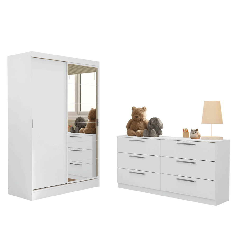 Encontraproduto.com.br - Quarto Infantil Completo Guarda Roupa 2 Portas 2 Gavetas com Espelho e Cômoda Madesa​