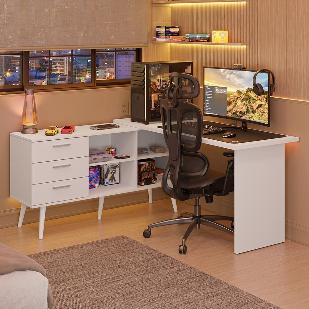 Encontraproduto.com.br - Escrivaninha Em L Mesa Para Computador Gamer 3 Gavetas Branco Lisboa Madesa