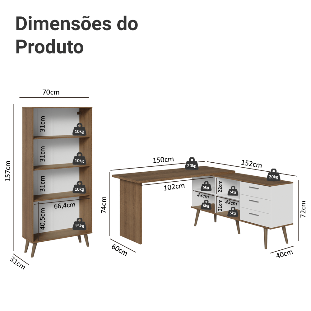 Encontraproduto.com.br - Kit 2 Peças com Escrivaninha em L 3 Gavetas e Armário Multiuso com Vidro Rustic/Branco Madesa