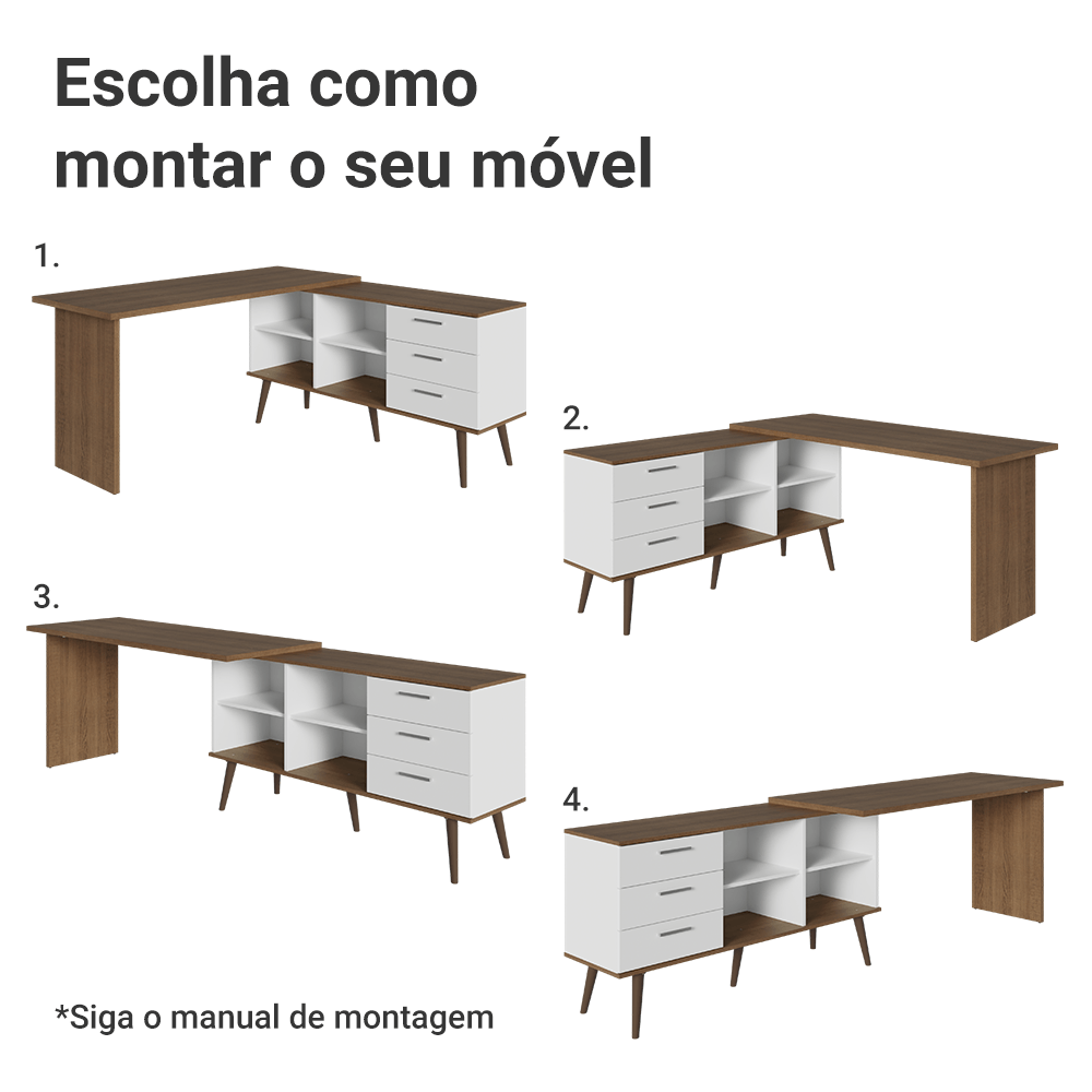 Encontraproduto.com.br - Kit 2 Peças com Escrivaninha em L 3 Gavetas e Armário Multiuso com Vidro Rustic/Branco Madesa
