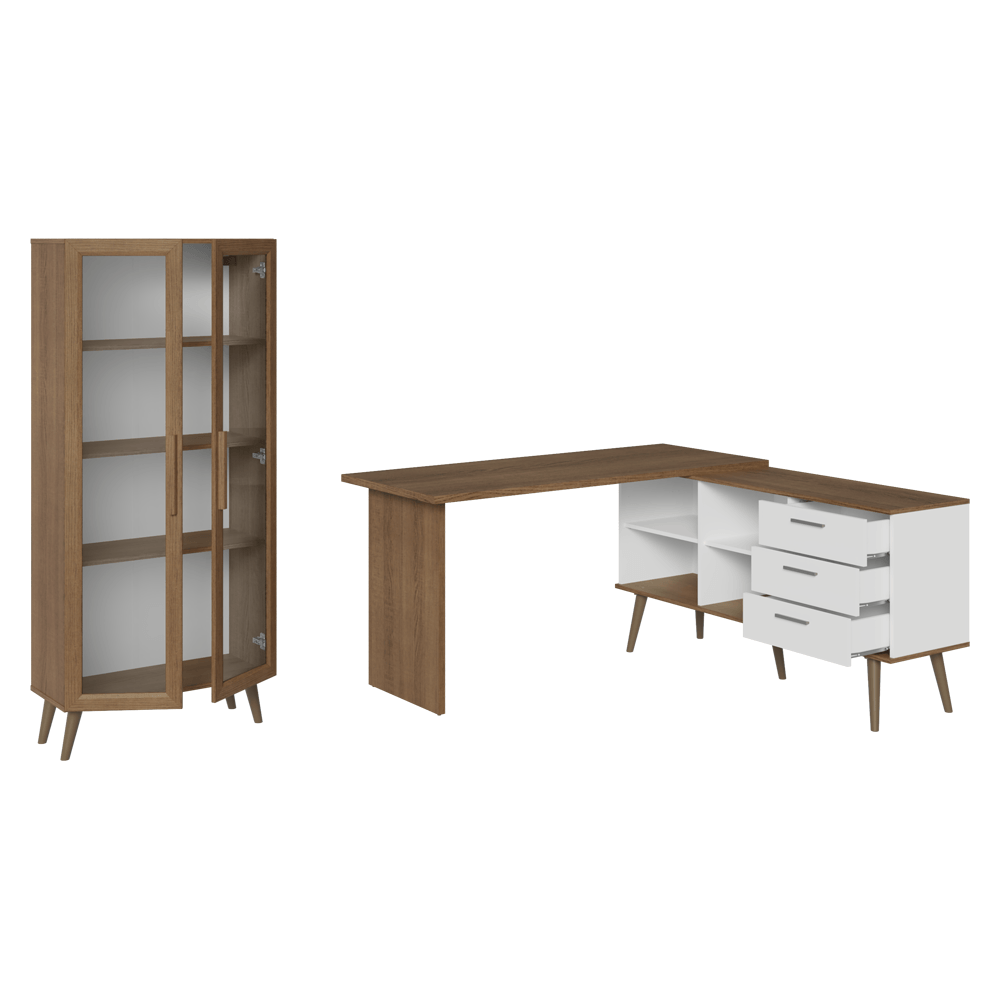 Encontraproduto.com.br - Kit 2 Peças com Escrivaninha em L 3 Gavetas e Armário Multiuso com Vidro Rustic/Branco Madesa