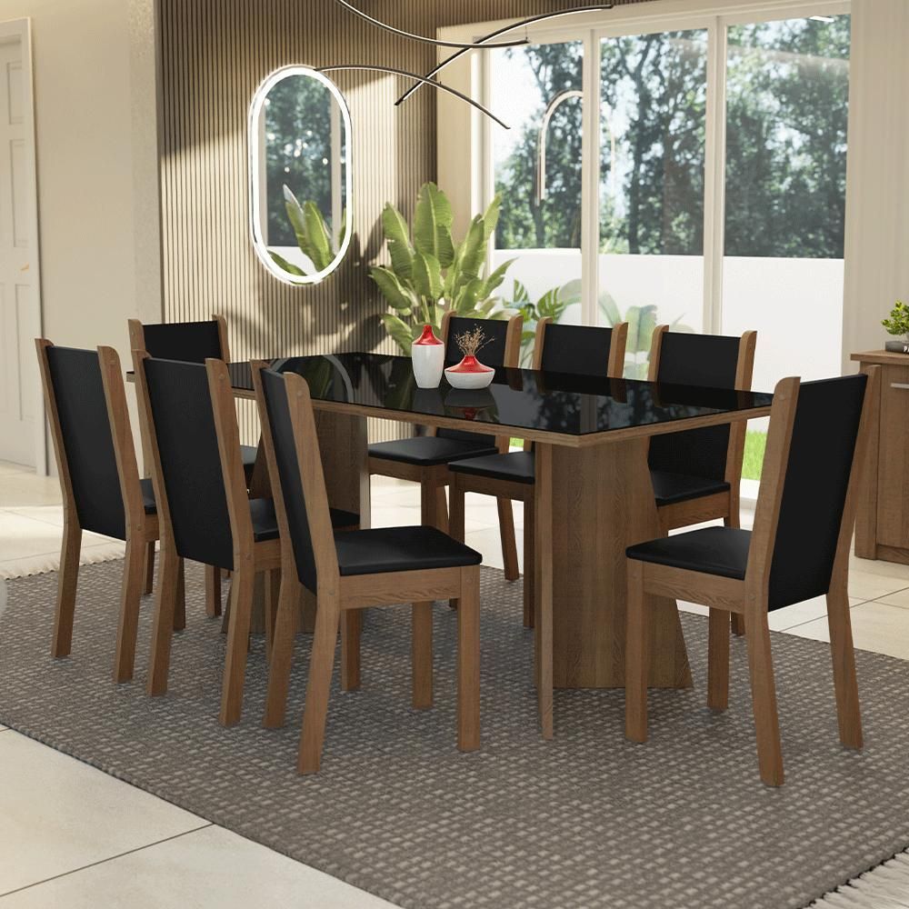 Encontraproduto.com.br - Conjunto Sala de Jantar Mesa Tampo de Vidro 8 Cadeiras Rustic/Preto Justine Madesa